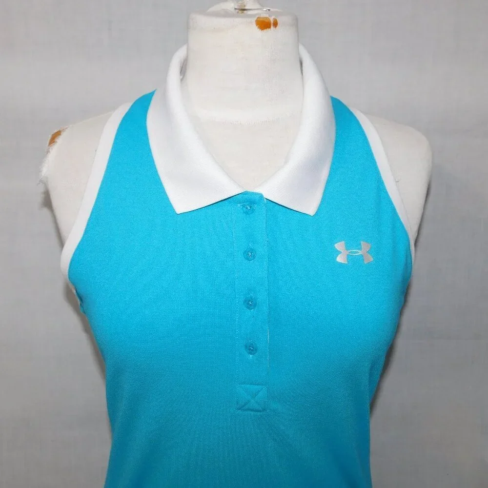 Under Armour heatgear Womens M Blue White Fitted Sleeveless Golf Polo Shirt - Picture 2 of 8